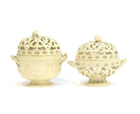 A late 18th century Leeds creamware pierced chestnut basket of pierced globular form c.1780, having reeded double entwined ha
