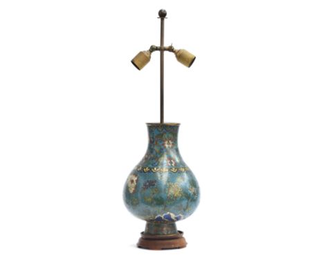 A Chinese cloisonne enamel vase, converted as a twin fitting table lamp, the vase 32cm high, 68cm high overall