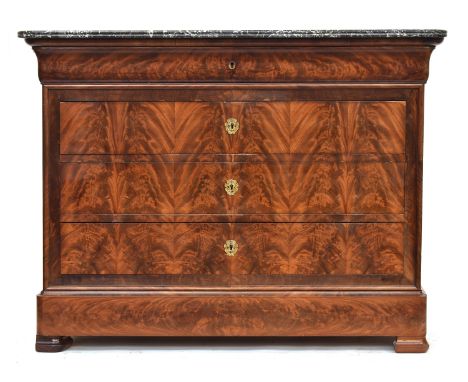 A Louis Philippe marble topped mahogany commode chest of five drawers, 128cm wide, 59cm deep, 96.5cm high