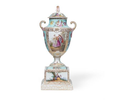 A Dresden turquoise ground and gilt twin-handled vase with cover and stand, late 19th century, painted with Watteauesque scen
