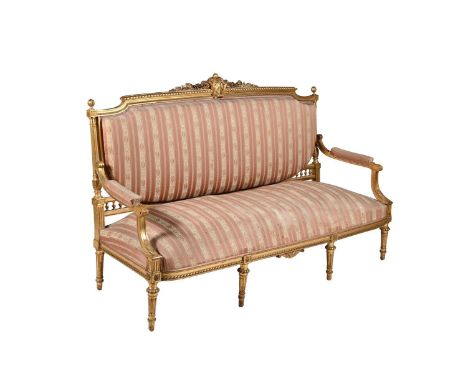 A French giltwood settee in Louis XVI style, late 19th century, 185cm wide, 62cm deep, seat height 43cm, 106cm high