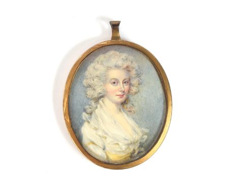 An 18th century portrait miniature on ivory, possibly by John Russell R.A, a young woman in a white dress and her curled and 