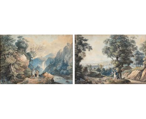 A pair of early 19th century watercolours depicting figures in an Italianate landscape, 24.5x35.5cm