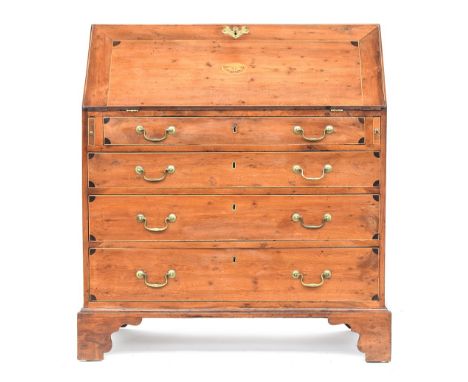 A George III yew and marquetry bureau, late 18th century, the fall centred with a marquetry butterfly, the interior with rece