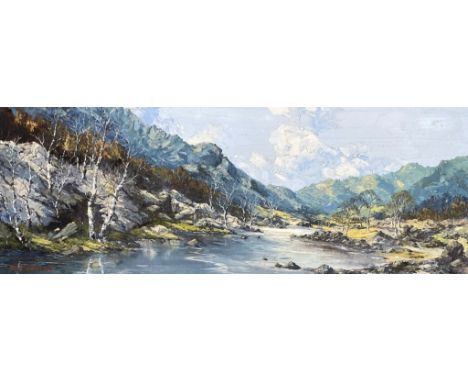 Charles Wyatt Warren (Welsh 1908-1993), 20th century oil on board, river in a valley landscape, signed lower left, 28.5x74cm