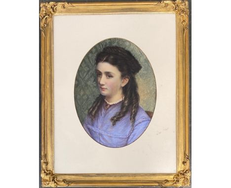 Edward Tayler (1828-1906), portrait of a girl in blue dress sitting against a patterned green background, watercolour on pape