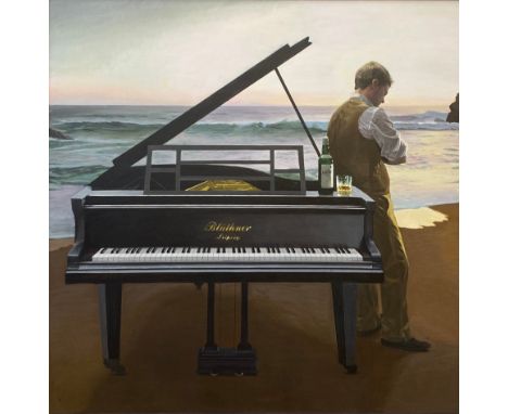 Iain Faulkner (b.1973), self portrait with Blüthner grand piano and a bottle of Laphroaig, oil on canvas, 151x151cmProvenance