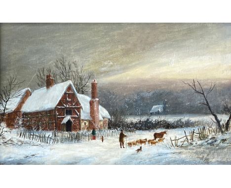 19th century oil on canvas, cottage in a snowy landscape, 24x39cm