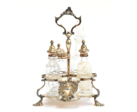 An Italian .925 silver cruet, having four of the five cut glass bottles, the stand stamped and weighing 22.7ozt