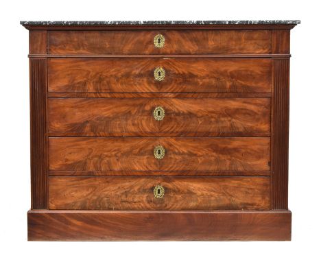 A 19th century French mahogany marble topped commode of five drawers, 132.5cm wide, 59.5cm deep, 106cm high