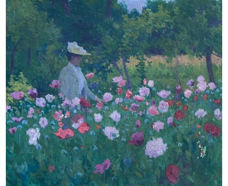 Attributed to William Tom Warrener (1861–1934), A lady in period dress and hat, amongst a field of flowers, oil on canvas, si