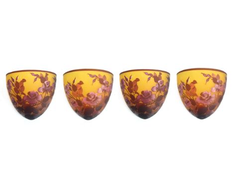 A set of four 20th century Czech Galle style cameo glass wall shades, signed 'Galle Typ', 25cm high, 28cm wide