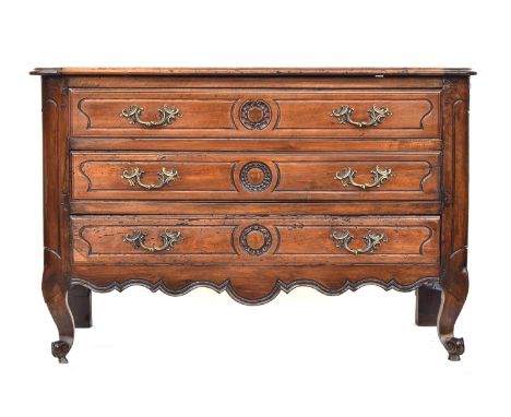 An 18th century French commode chest of three drawers, 125cm wide, 63cm deep, 82cm high