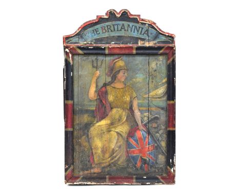 Folk art interest: a painted pub sign 'The Britannia', 19th/early 20th century, depicting Britannia seated with shield and tr