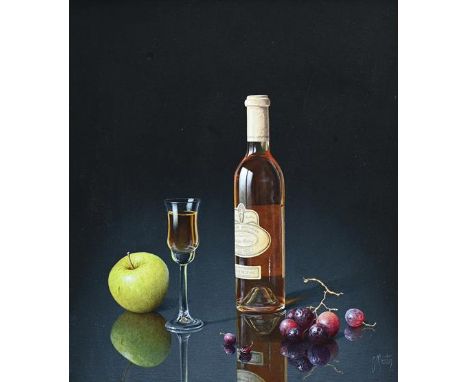 Ian Mastin (b.1949), still life of a bottle of Riesling with an apple and grapes, oil on canvas laid to board, signed, 41x35.