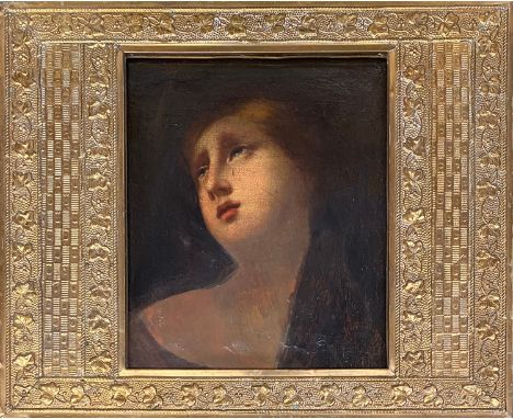 19th century oil on canvas, portrait of a forlorn looking woman, 35.5x29.5cm, in an Arts and Crafts brass frame embossed with