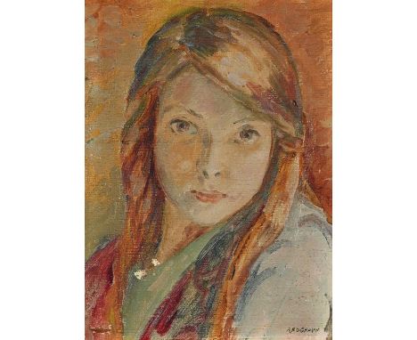 20th century British school, portrait of a girl wearing blue, oil on canvas laid to board, signed Redgrave, 33.5 x 25cm