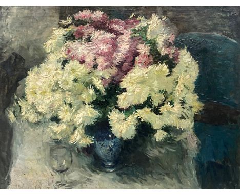 A large 20th century still life of flowers, oil on canvas, 69x91cm