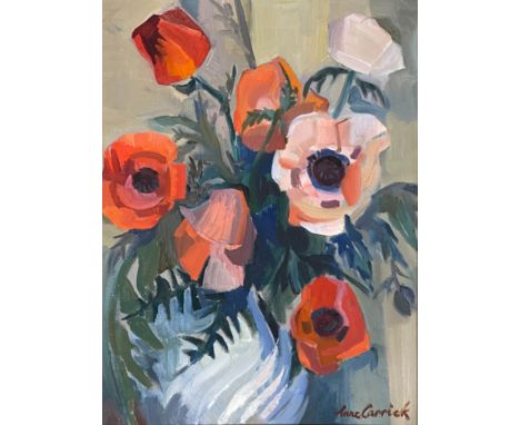 Anne Carrick (Scottish, 1919-2005), still life of poppies, oil on canvas, signed lower right, 60x45cm