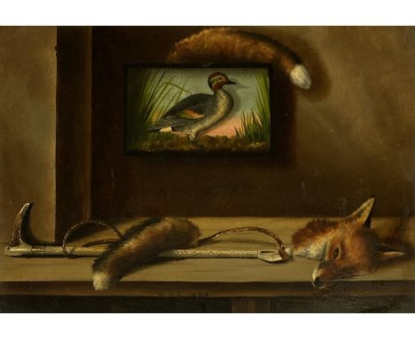 A pair of late 19th century still lives of hunting trophies, initialled W.B.E and dated 1894, oil on board, 29x42cm