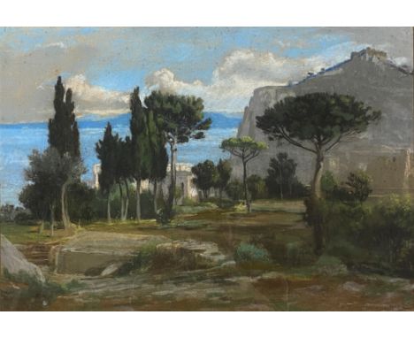 Felix Hippolyte Lanoue (French, 1812-1872), pastel landscape with villa, signed and titled 'Capri 1843?', 37x53cm