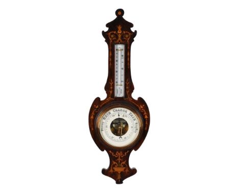 A Victorian mahogany and inlaid aneroid wheel barometer, 88cm high