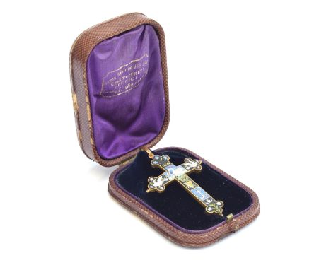 A Victorian grand tour gold mounted micro mosaic crucifix depicting doves, a swan, anchor, grapes and forget me not, 6.5cm lo