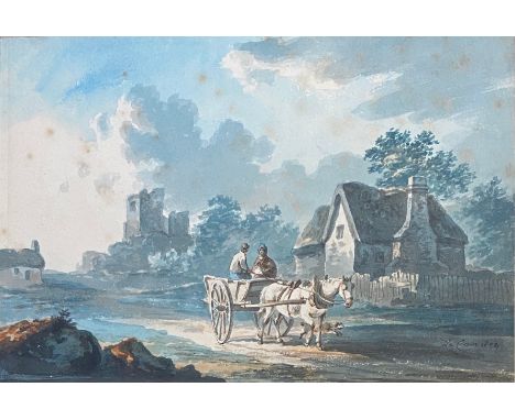 Peter La Cave (1769-1811), Landscape with a horse and cart and figures, pen and ink and watercolour, signed and dated 1804, 1