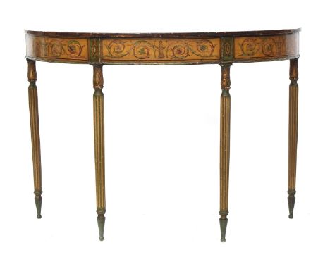 A 19th century painted demi lune side table, fan patera to top, the frieze decorated with acanthus and figures, on carved lot