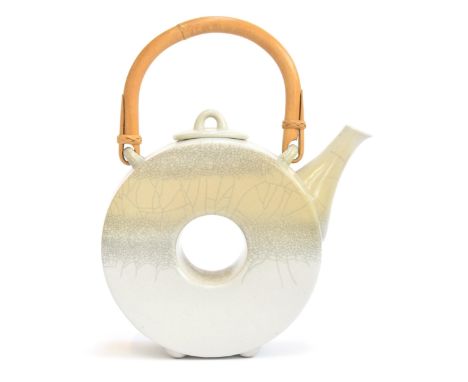 A David James White and Mary Dening (nee White) circular studio pottery teapot with bamboo handle, impressed mark to base, 24