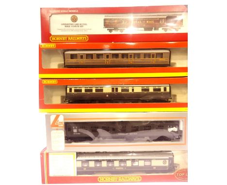 Four Hornby coaches including Pullman Agatha LNER, GWR restaurant car, LMS TPO and Lima mess coach. P&amp;P Group 1 (£14+VAT 