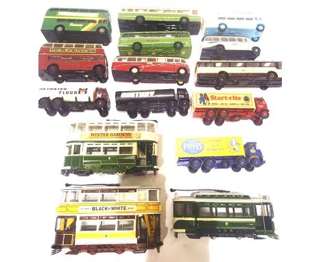 Fifteen unboxed diecast OO scale Corgi, EFE, including trams x3, wagons x4, buses/coaches x8. P&amp;P Group 2 (£18+VAT for th