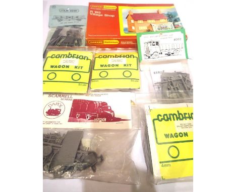 Seven railway related plastic kits, Hornby - village shop, cambrian hoppers x3, Dapol - Scammell, coopercraft, AEC etc. P&amp