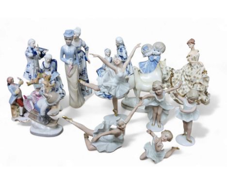 A set of five Wallendorf German ballerina, printed marks;&nbsp; &nbsp;other figures