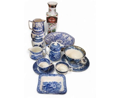 Blue and White - George Jones Abbey pattern jug, cups and saucers, dishes;&nbsp; &nbsp;Johnson Brothers Indies pattern dinner