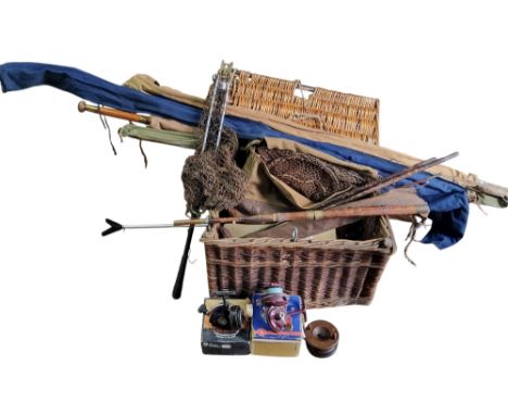 Fishing - J W Young and sons reel;&nbsp; &nbsp;Quick Junior stationar Rolle reel;&nbsp; other reels;&nbsp; fishing basket, ne