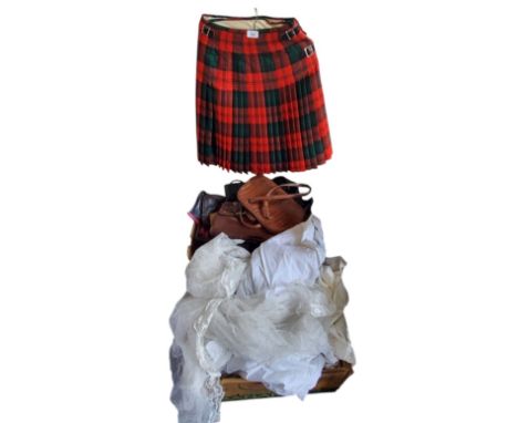 Textiles - linen and lace,&nbsp; table cloths, doylies, shawls;&nbsp;&nbsp;Leather and faux leather handbags and evening bags