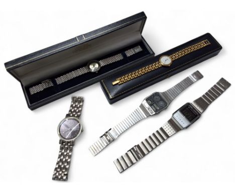 A vintage Casio Illuminator no. 1604 A300, w/o, original bracelet; a gold plated lady's Longines Flagship watch, quartz movem