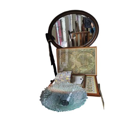 A gilt framed oval wall mirror, 52cm x 68cm;&nbsp; &nbsp;John Speed, after, reproduction map, British Isles, 1610;&nbsp; othe