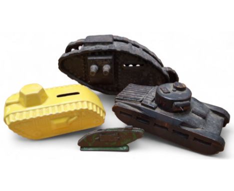 A Starkies cast iron money bank in the form of a Mark I Tank; a ceramic money box in the form of a WWI tank, yellow; a scratc