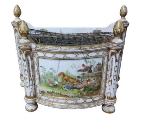 A French Paris (Clignancourt de Monsieur) porcelain bough pot, painted with fox attacking a cockerel, with a rectangular cart