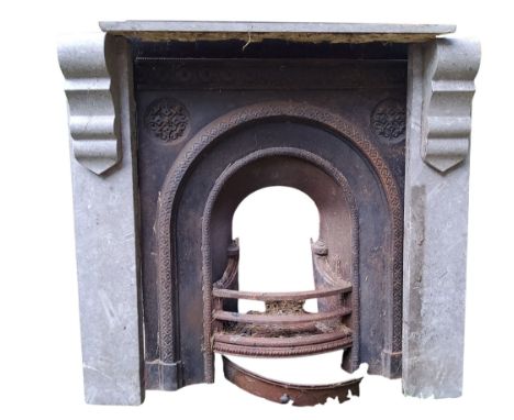 A 19th century Derbyshire crinoid marble fireplace, with Victorian cast iron inset, the crinoid marble pillars 92cm high, 15c