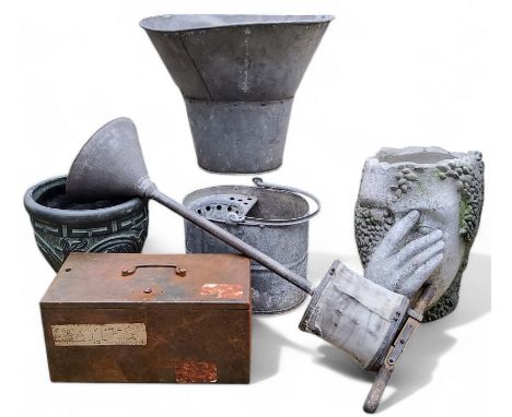 Salvage - a substantial galvanised hopper, clothes washing ponch and bucket; a reconstituted planter in the form of a hand co