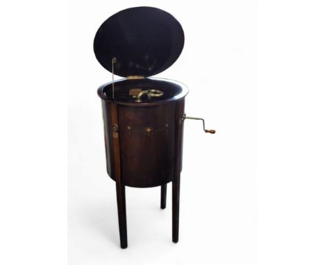 An early 20th century Celebrity Grosvenor wind-up gramophone, patent no.27795/26, cylindrical stained wooden case, hinged cov