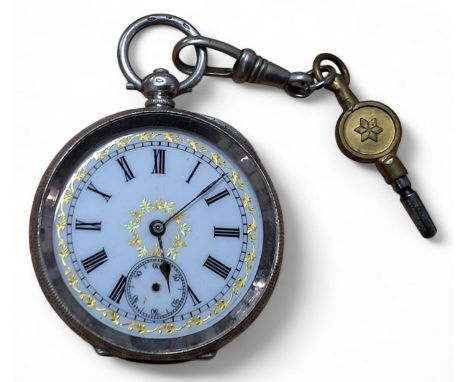 Watches - a continental silver lady's pocket watch, white enamel dial, Roman numerals, outer minute track, gilt decoration, s
