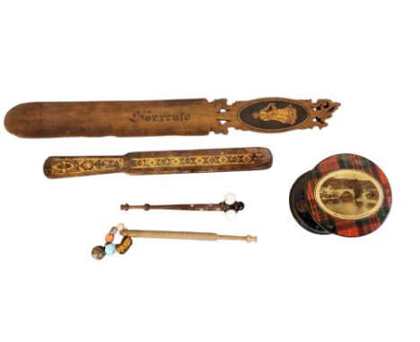 A 19th century Tunbridge ware and rosewood paper knife, geometric band, 19cm lomg, c.1870;&nbsp; &nbsp;a Serreto ware page tu