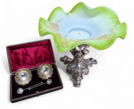 A Rococo style silver plated and glass centre piece, the central green edged milk shaped glass dish in the form of a leaf, ap