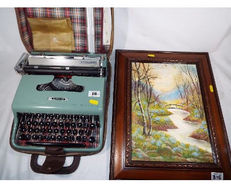 A Lettera22 Olivetti typewriter in foldout case and an oil on board depicting a countryside scene, framed (2)