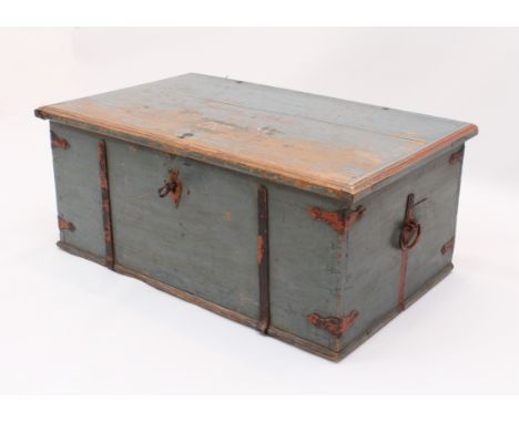 A Swedish iron bound, painted pine chest - 19th century, painted light blue, the moulded lid decorated with a painted floral 