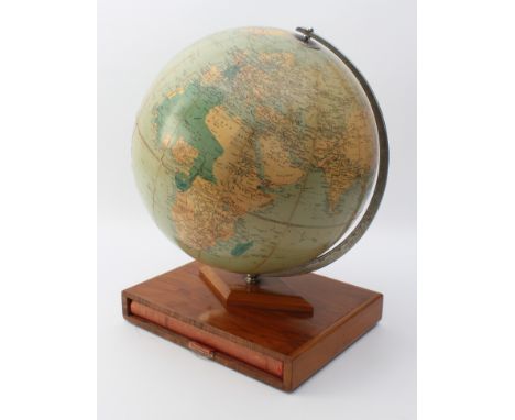 A 1950s Philips Challenge table globe - scale 1:37,500,000, 13&frac12; in diameter, on a chrome meridian arc to a walnut base